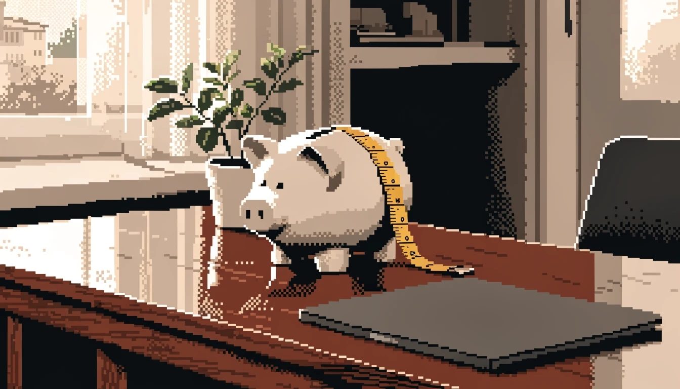 Sparschwein mit Maßband auf Holztisch im deutschen Wohnzimmer