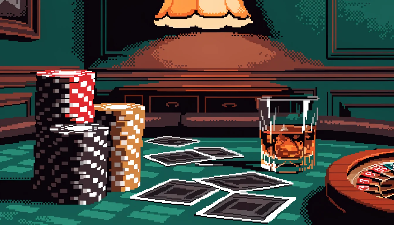 Casinotisch mit gestapelten Spielchips, verdeckten Spielkarten und einem Roulettekessel auf grünem Filz unter warmer Beleuchtung.