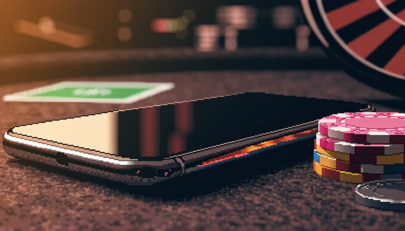 Smartphone mit Casino-Chips und Münze auf Filztisch