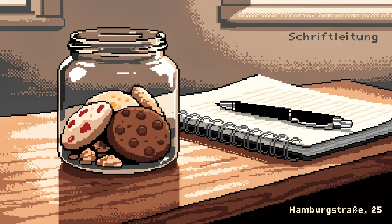 Glas mit Keksen auf einem Schreibtisch neben Notizbuch