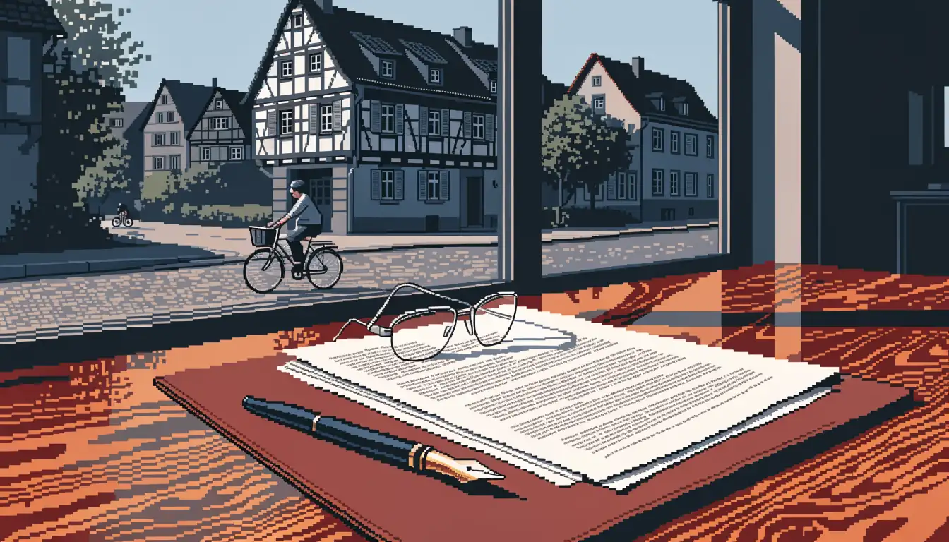 Holzschreibtisch mit juristischen Dokumenten, Brille und Tageslicht