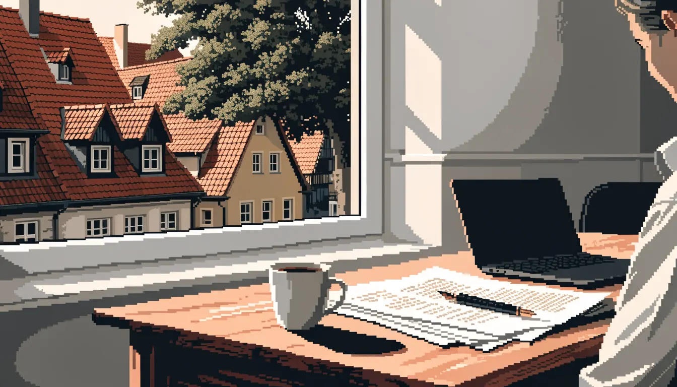 Schreibtisch in einem hellen deutschen Redaktionsbüro mit Laptop, Manuskripten und Kaffeetasse am Fenster