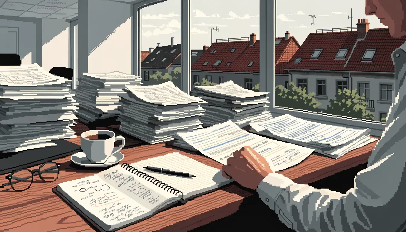 Redaktioneller Arbeitsplatz mit Dokumenten, Brille und Kaffeetasse auf einem Schreibtisch, deutsche Dächer im Hintergrund