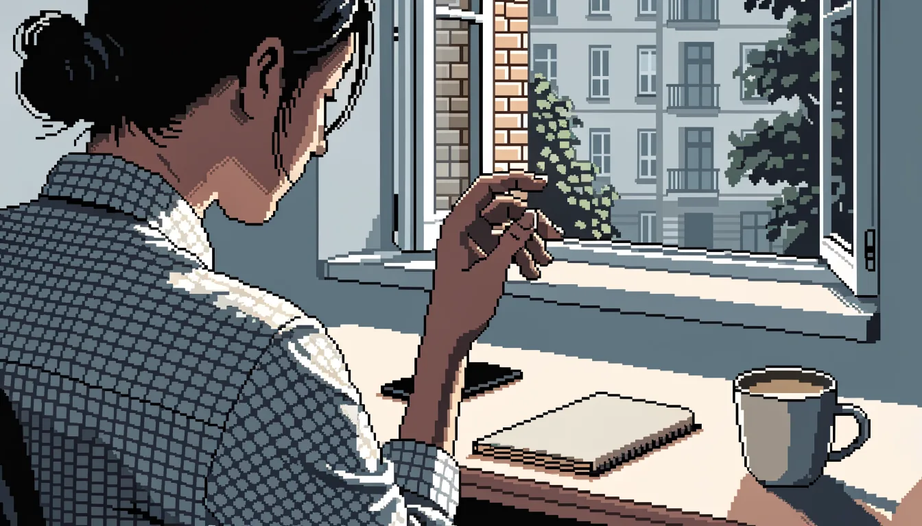 Erwachsener am Schreibtisch mit Smartphone und Notizbuch, nachdenkliche Pause